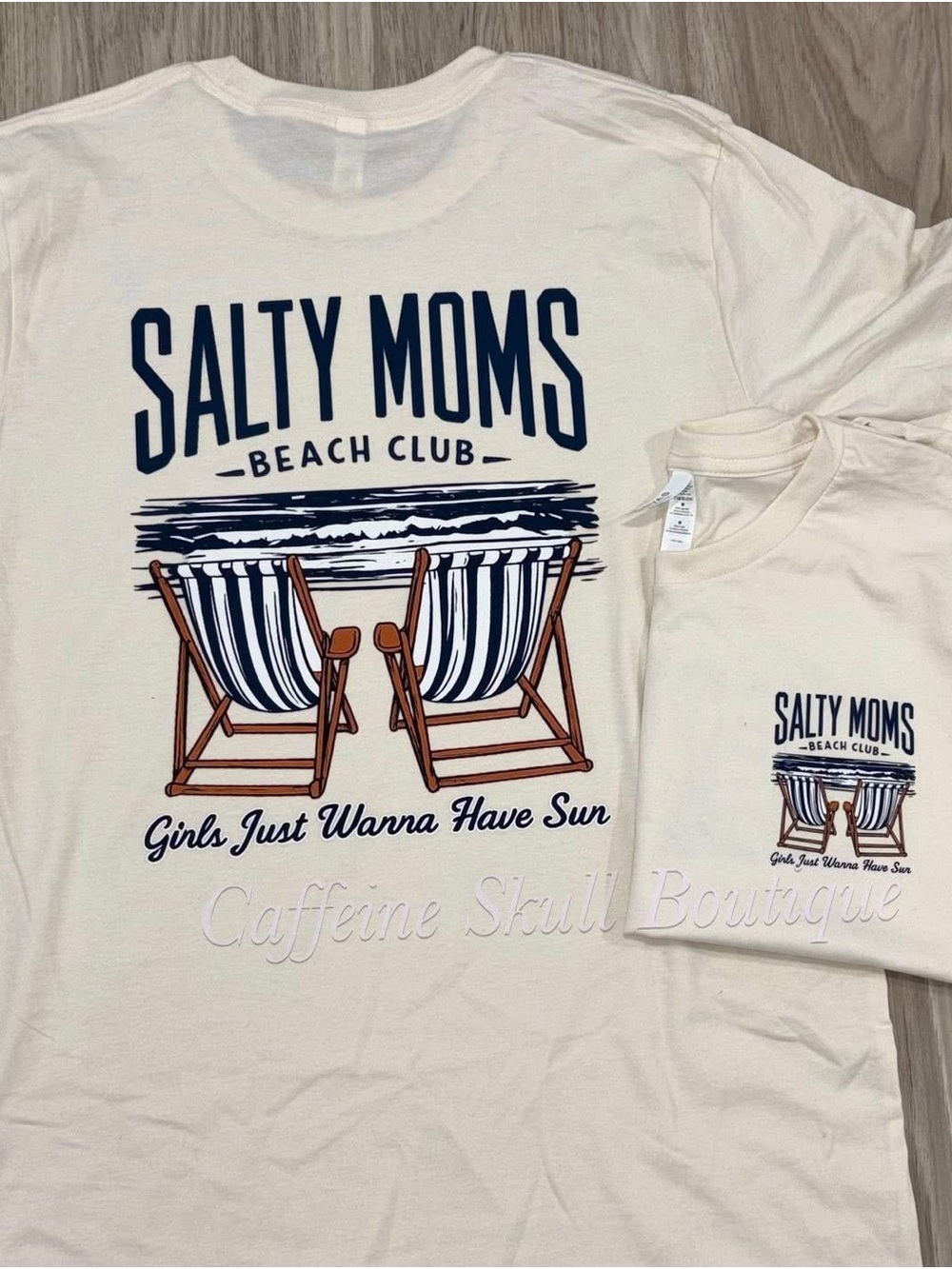 Bella Canvas Cream 'Salty Moms Beach Club' Graphic Tee with Navy & Brown Print